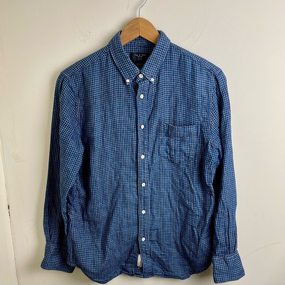 rag & bone Blue Checkered Long Sleeve Shirt Size L